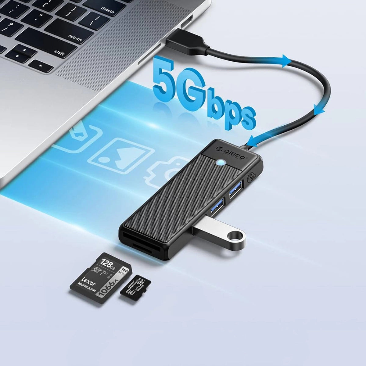 USB Hub Orico PAPW3AT-U3 4-port 3xUSB-A 3.0 with microSD/SD card reader Customs tariff code 84718000