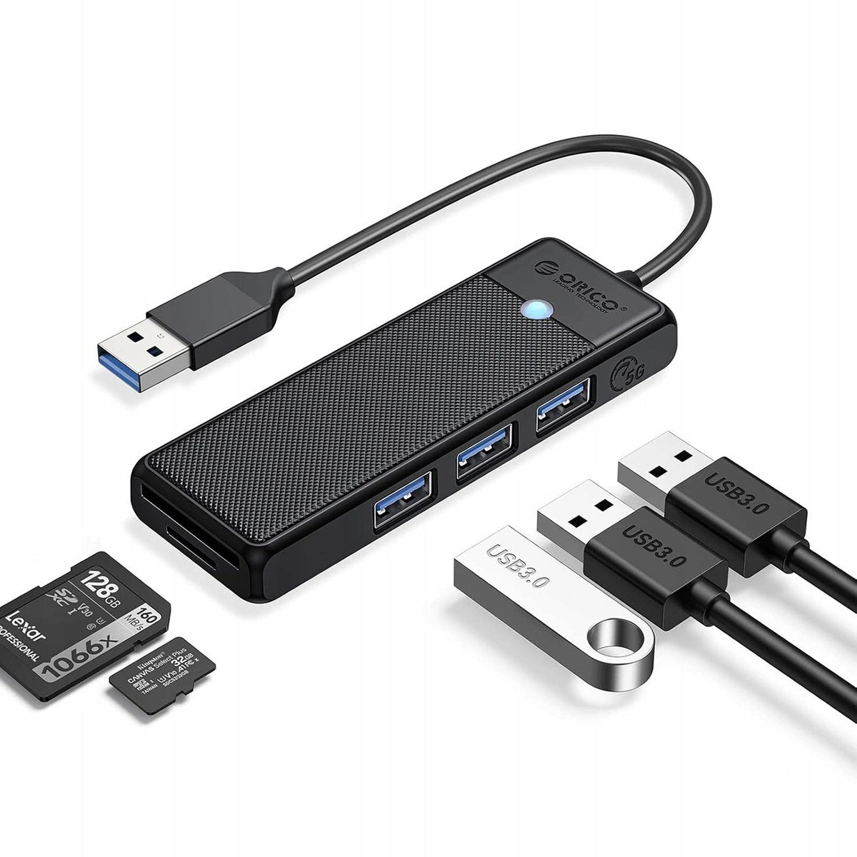 USB Hub Orico PAPW3AT-U3 4-port 3xUSB-A 3.0 with microSD/SD card reader