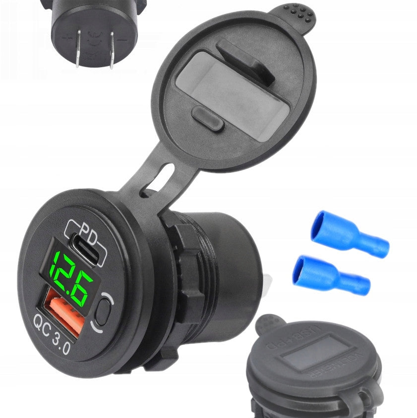 USB MOUNTING CAR CHARGER WITH SWITCH AND USB-C VOLTMETER