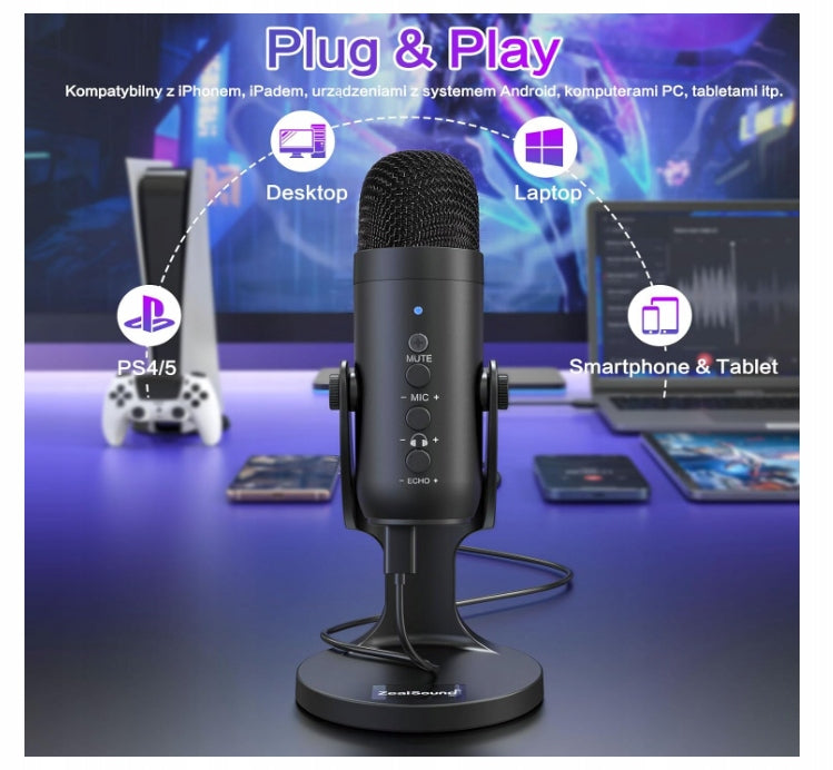 USB Microphone ZealSound K66 | Plug&Play | Compatible with PC, PS5, Mac, EAN (GTIN) 5901421815097