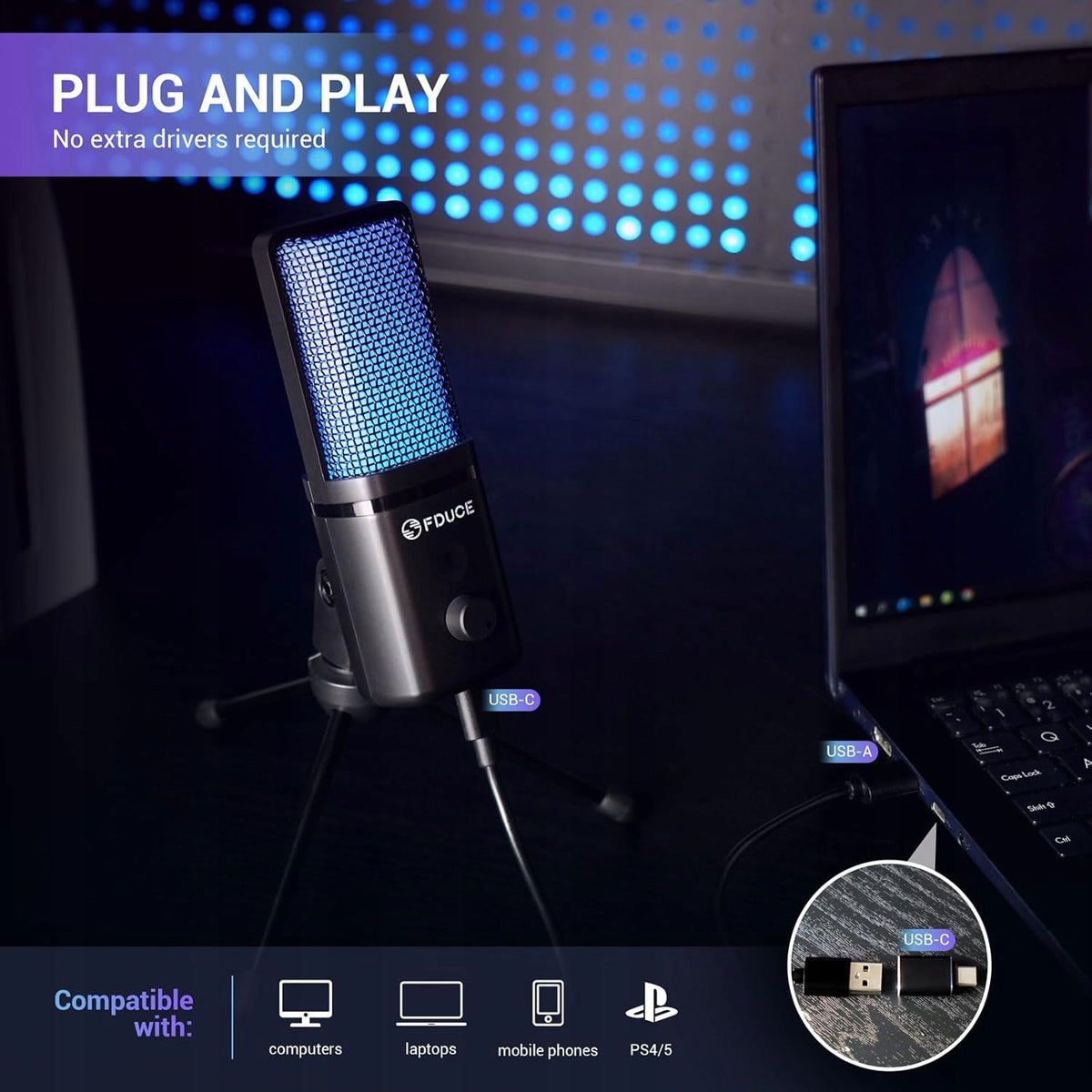 USB RGB CONDENSER MICROPHONE WITH TRIPOD FOR STREAMING AND GAMING Packaging status original
