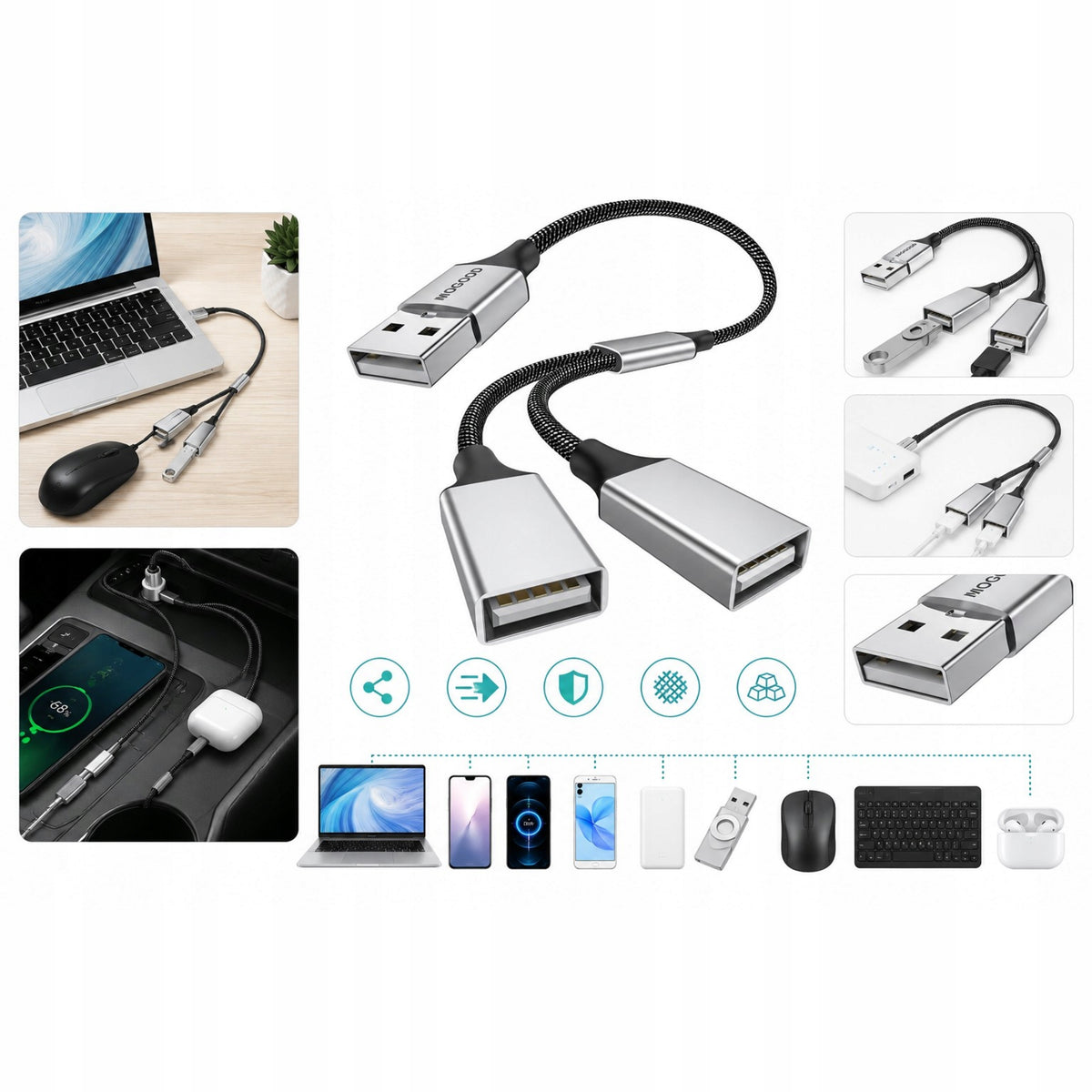 USB Splitter Adapter USB 2.0 Y Cable Braided 480Mbps For PS4 PS5 Laptop