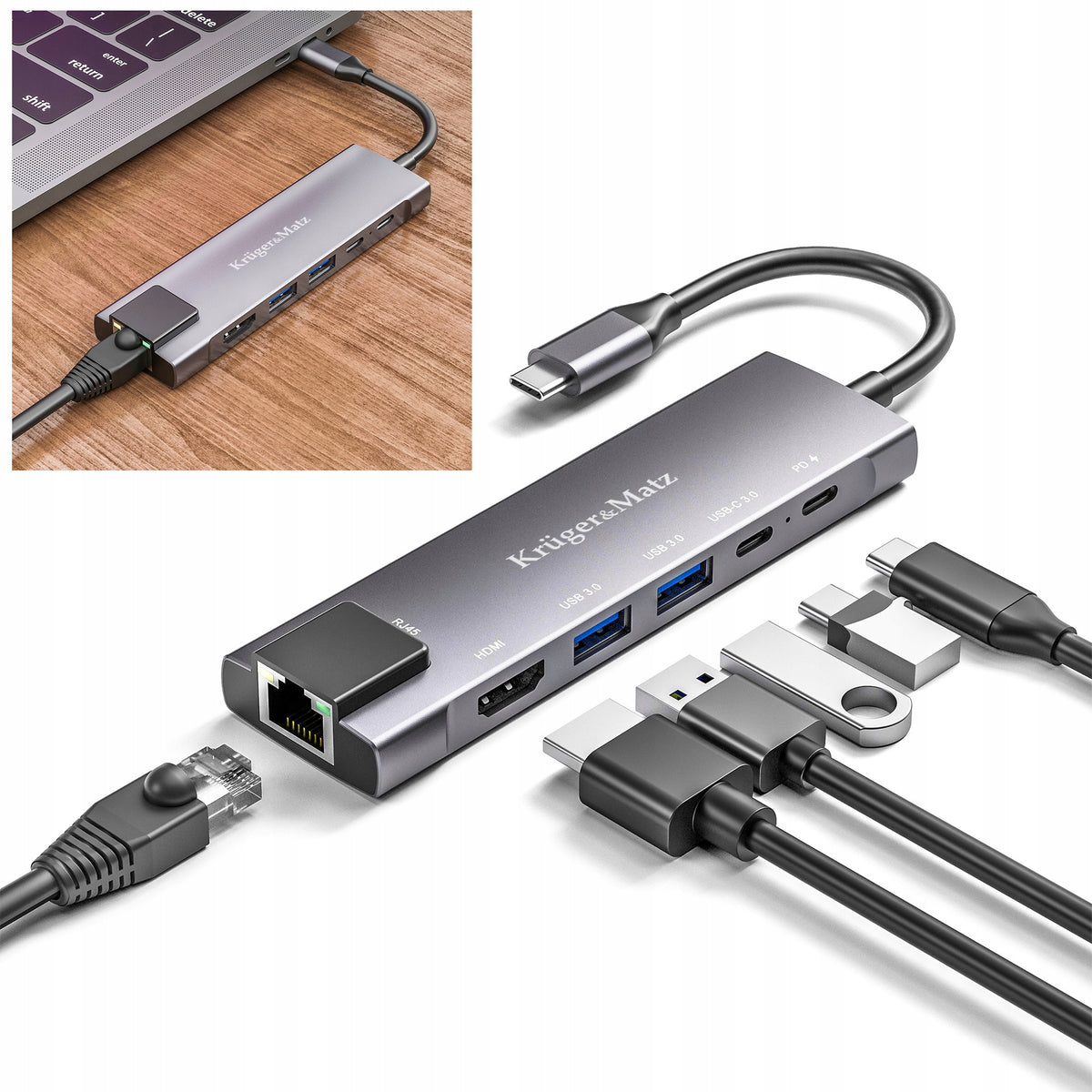 USB Type-C to HDMI/2x USB3.0/2x USB Type-C/RJ45 Adapter (HUB)