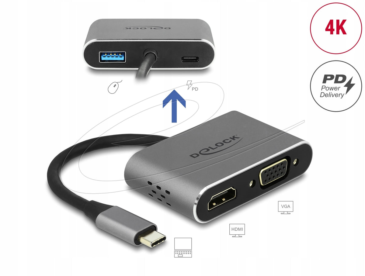 USB Type-C to HDMI and VGA Adapter with USB 3.2 and PD Delock 64074