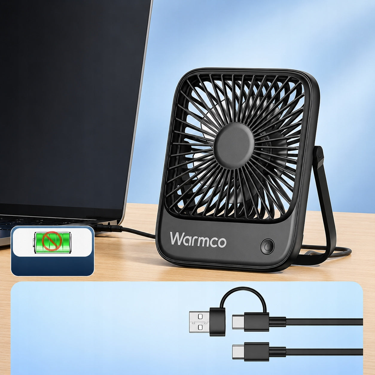 USB Windmill Quiet Mini Desk Fan Cooling USB C USB-C Functions tilt angle adjustment