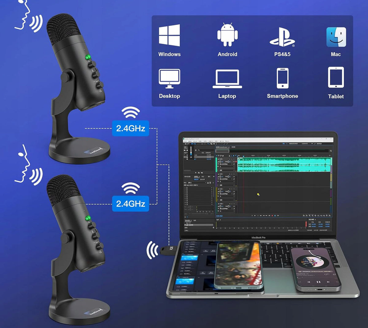 USB Wireless Microphone Set of 2pcs Podcast Streaming PC Phone PS5 Brand ZealSound