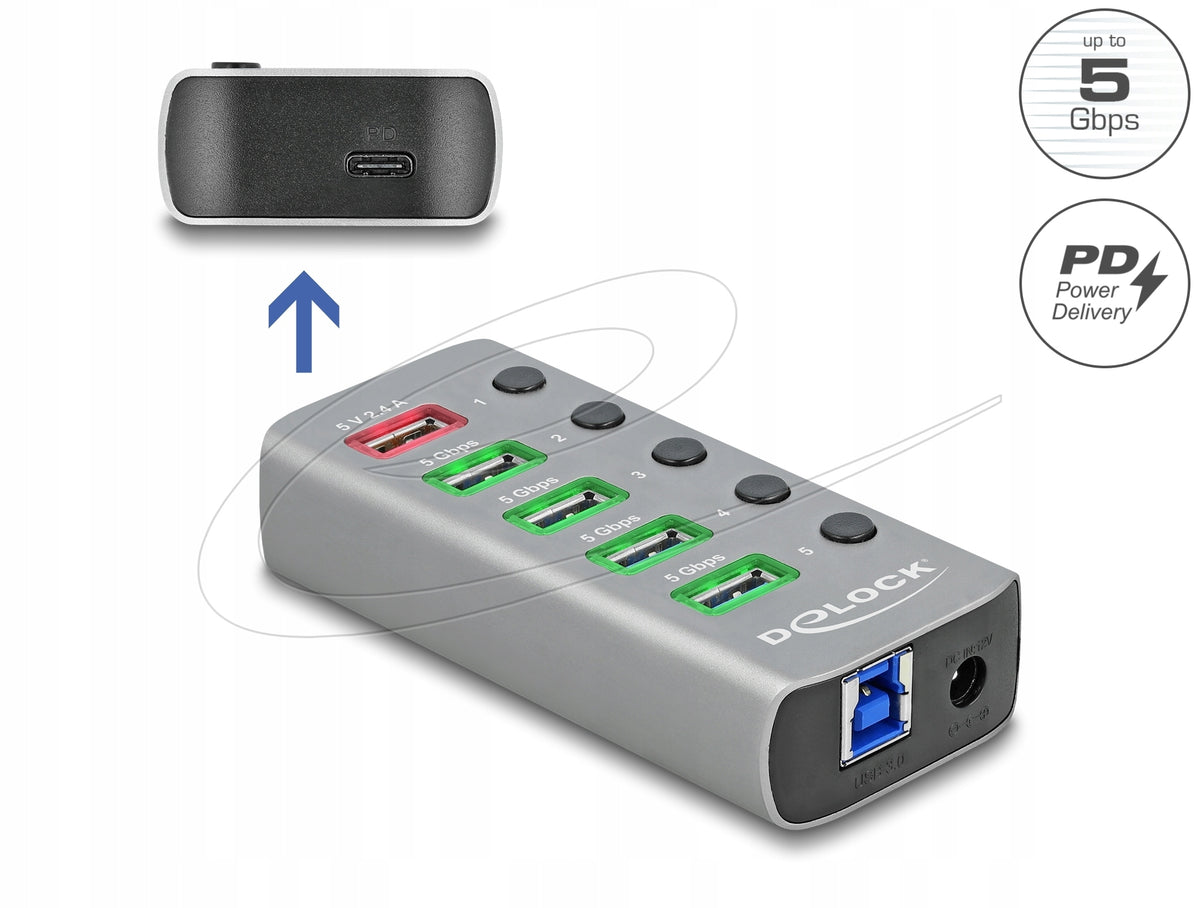 USB hub 5 Gbps 4x USB + 1x charging port + 1x USB-C PD 3.0 Delock 63263