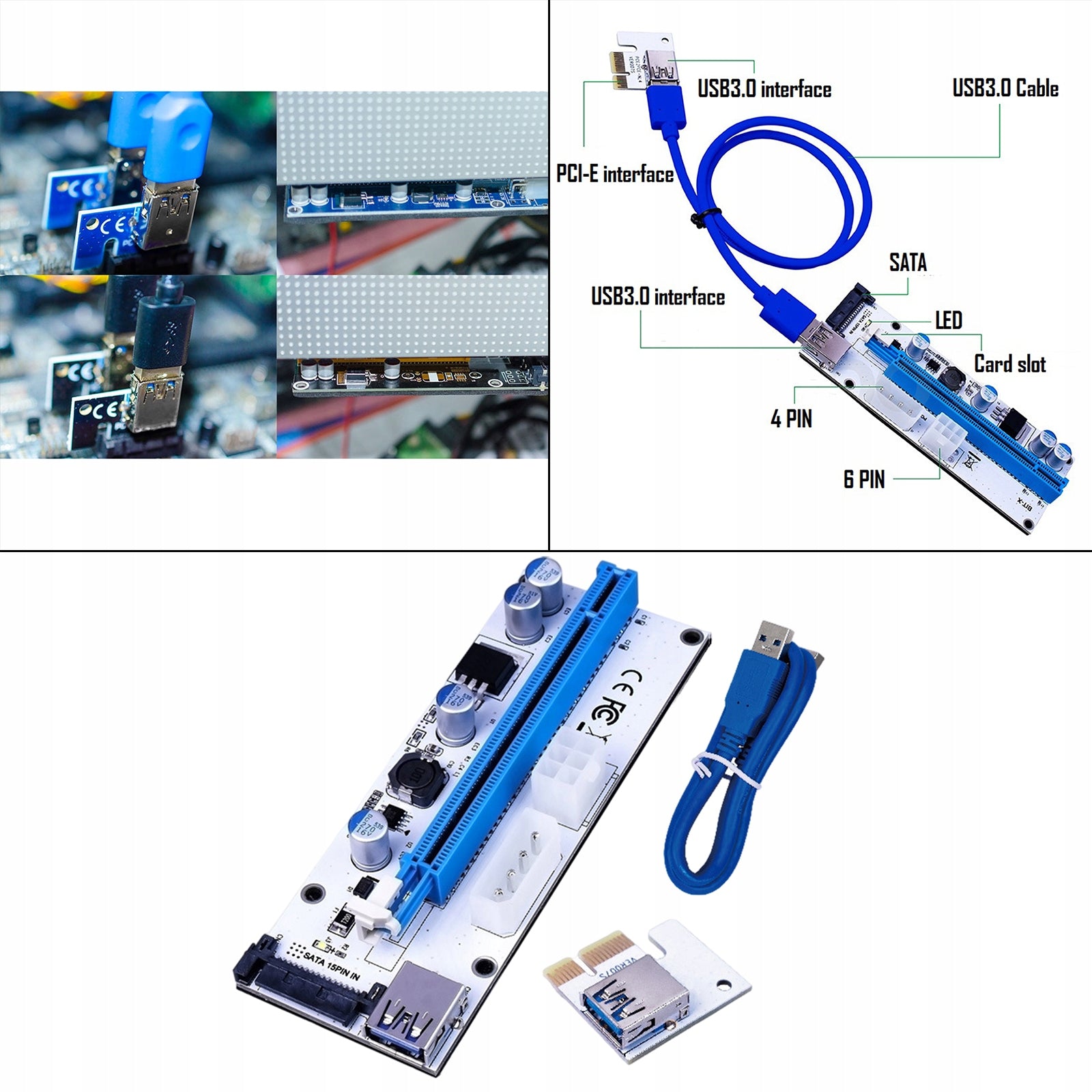 USB3.0 PCI E Riser Card 4Pin, 6Pin, 15Pin ,SATA 60cm Cable blue white