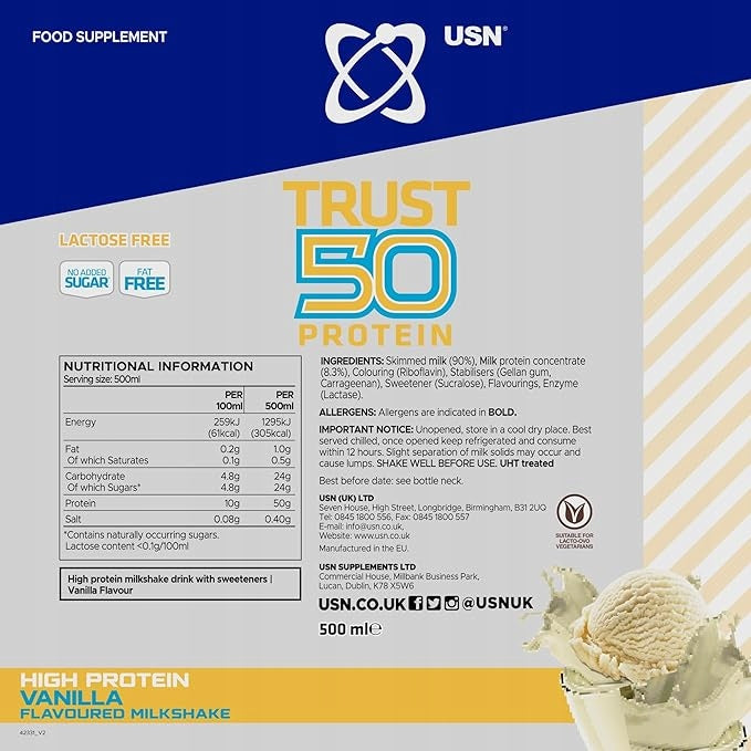 USN Trust Protein Fuel 500ml Flavour Vanilla PROTEIN DRINK 50g Protein Expiration date not specified