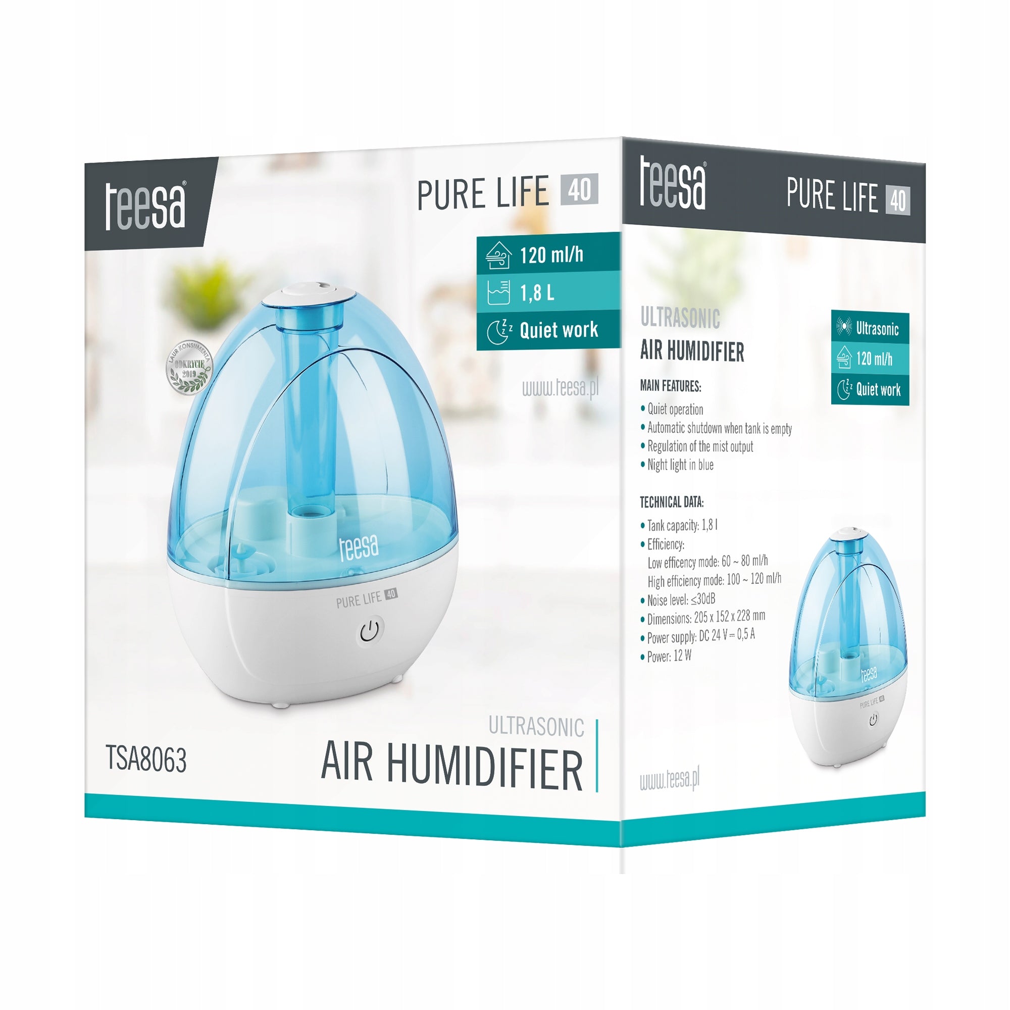 Ultrasonic Humidifier 1,8L Quiet Powerful LED Light Brand Teesa