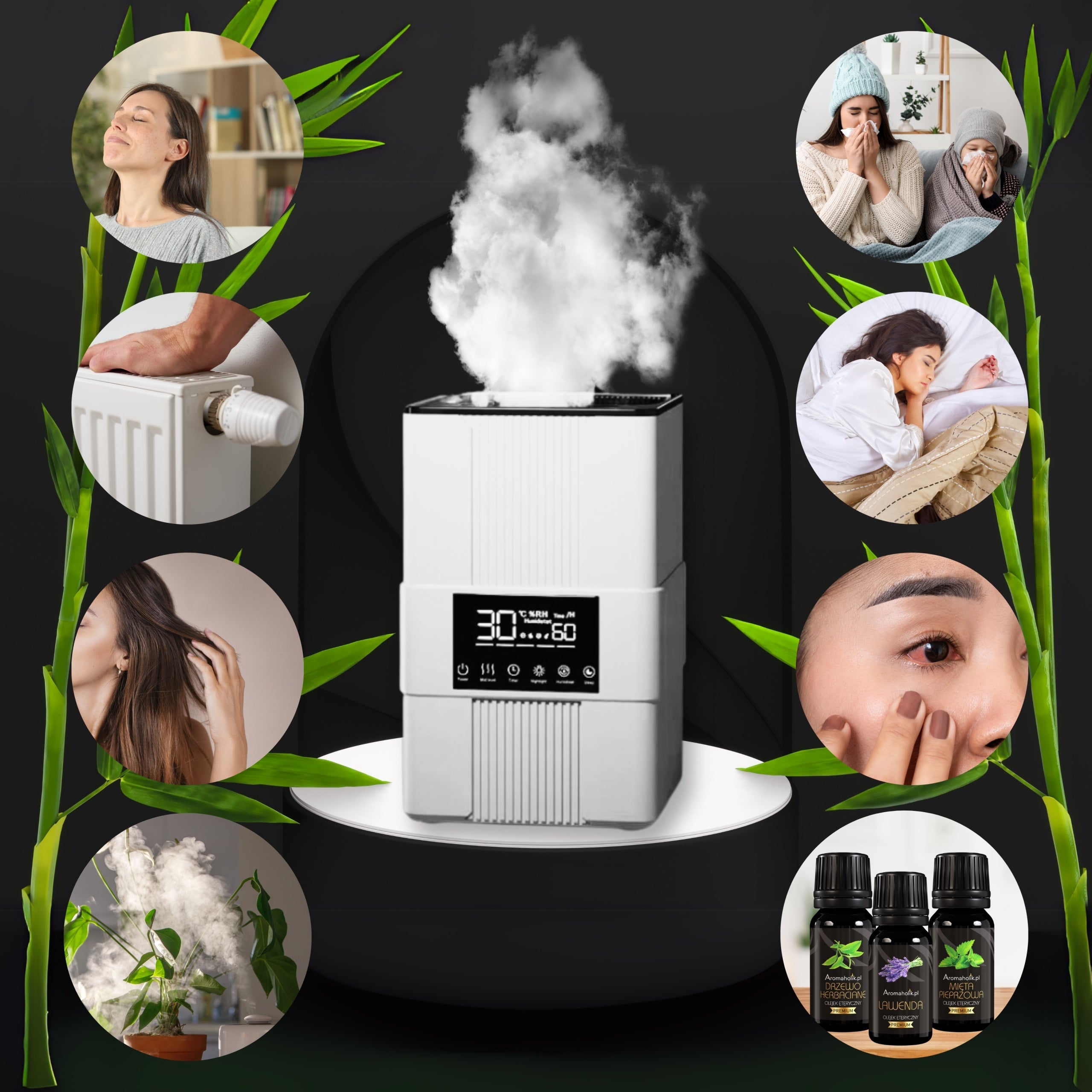 Ultrasonic diffuser HYGROSTAT | TIMER | THERMOMETER | FIRE EFFECT Model VARMA