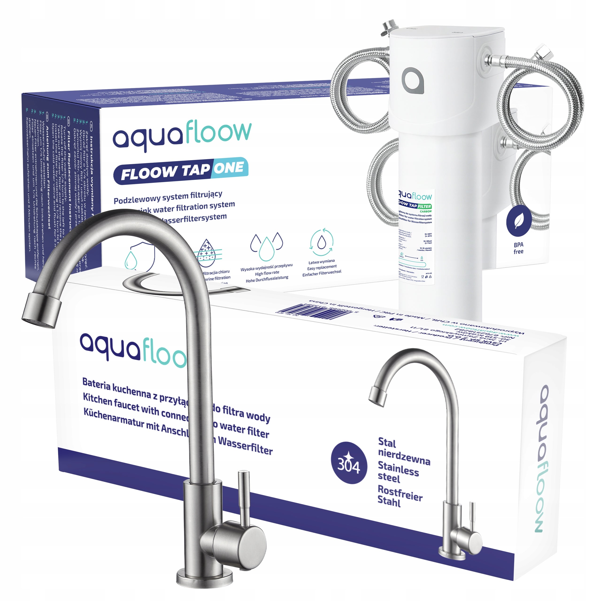 Undersink filter system AquaFloow + standing kitchen faucet 28 cm