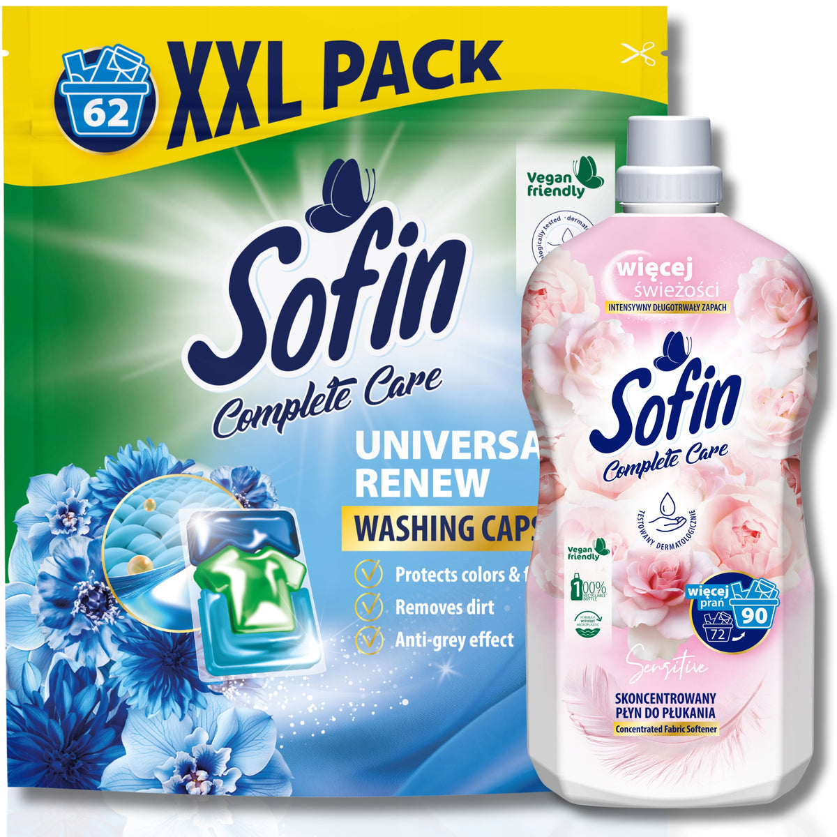 Unique Washing Capsules UNIVERSAL 62 Pcs + Clothes Rinse Liquid Brand Sofin