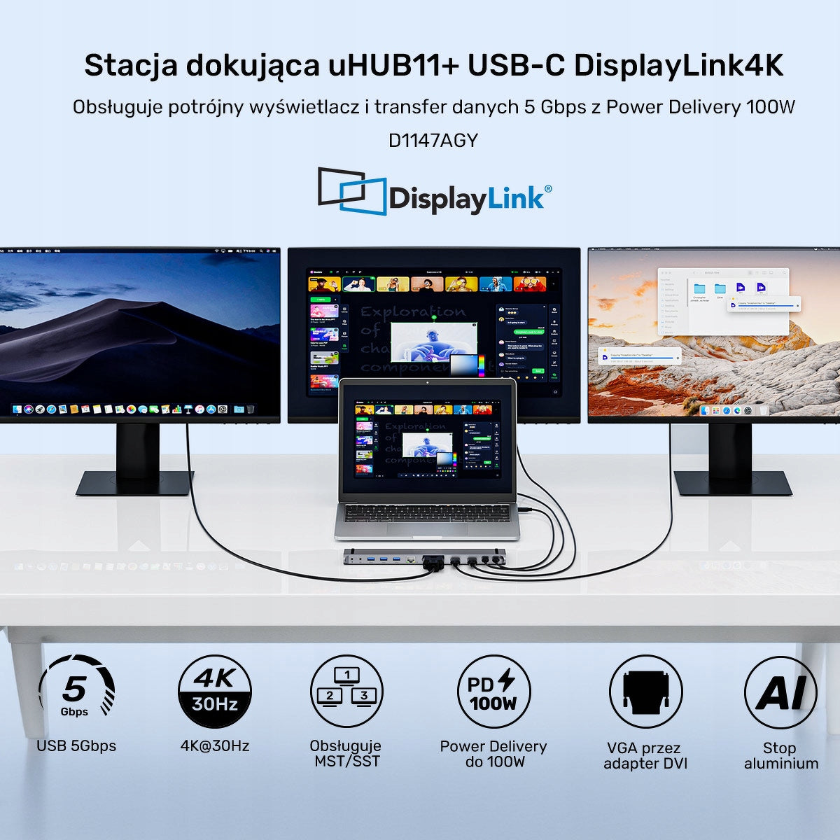 Unitek USB-C Docking Station with DisplayLink 4K | 430Hz | 5Gbps | PD 100W Manufacturer code 601286553