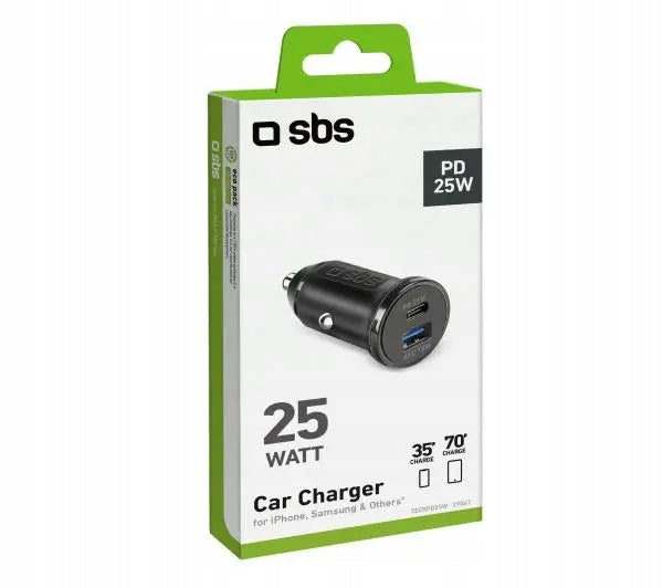 Universal Car Charger SBS USB-A / USB-C PD 25W Black Packaging status original