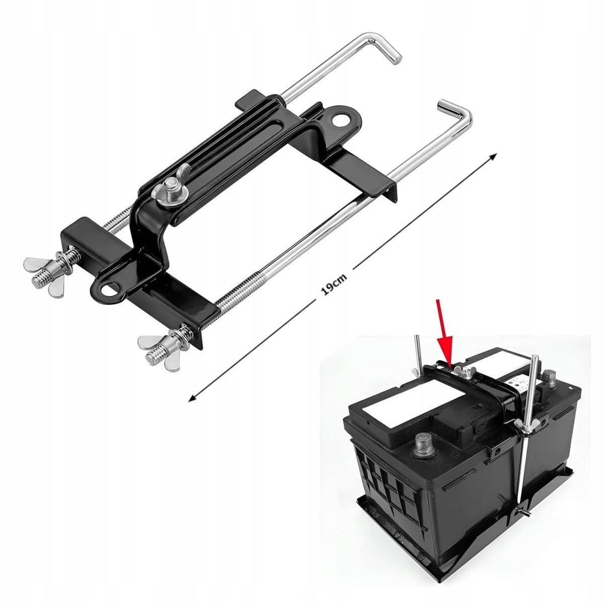 Universal clamp for battery mounting - 19 cm, metal