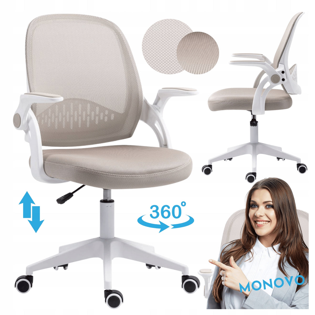 Upholstered Beige Swivel Chair For Computer Desk Ergonomic RORA