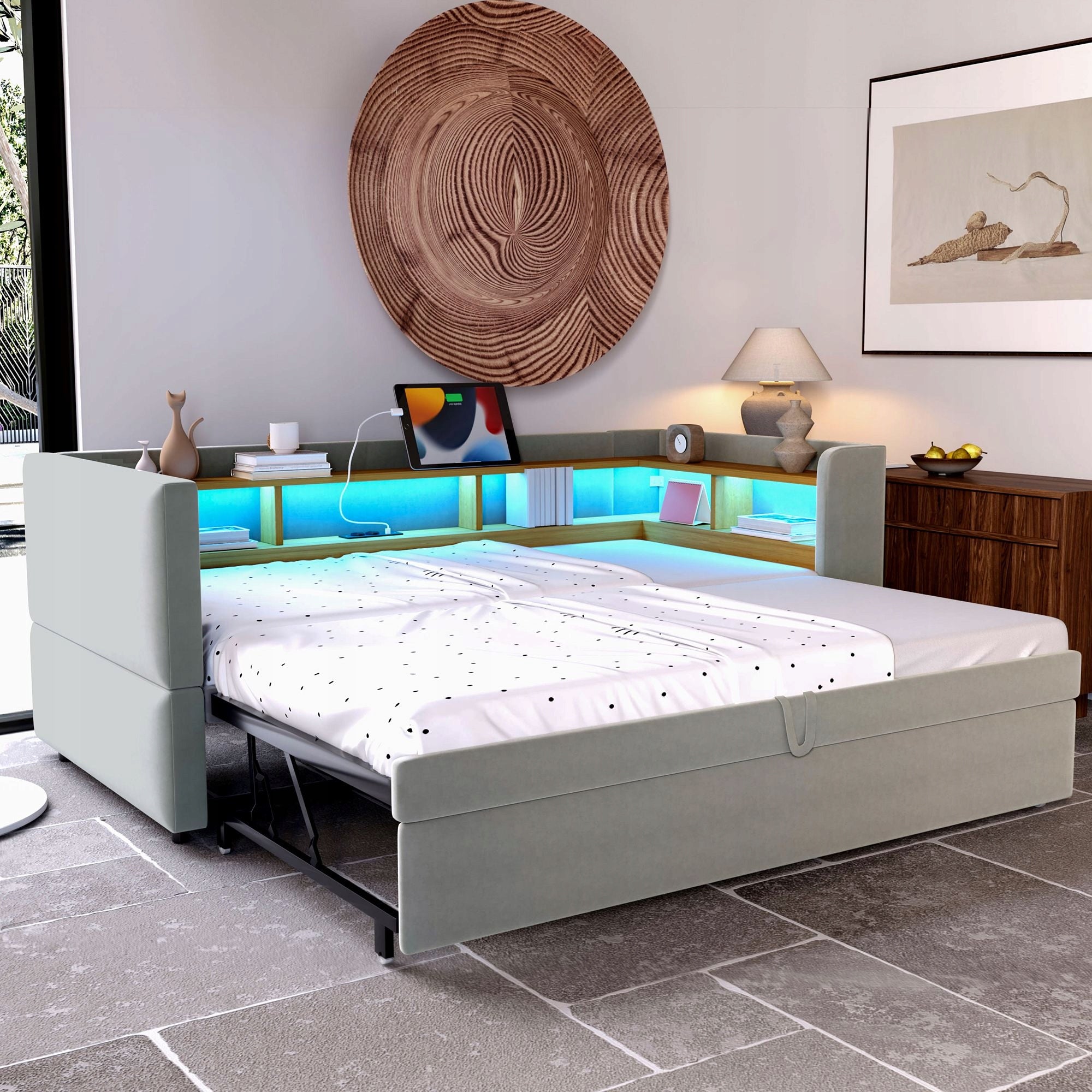 Upholstered bed Sofa bed 90/180*190cm Retractable bed LED grey Manufacturer code 6942861286572