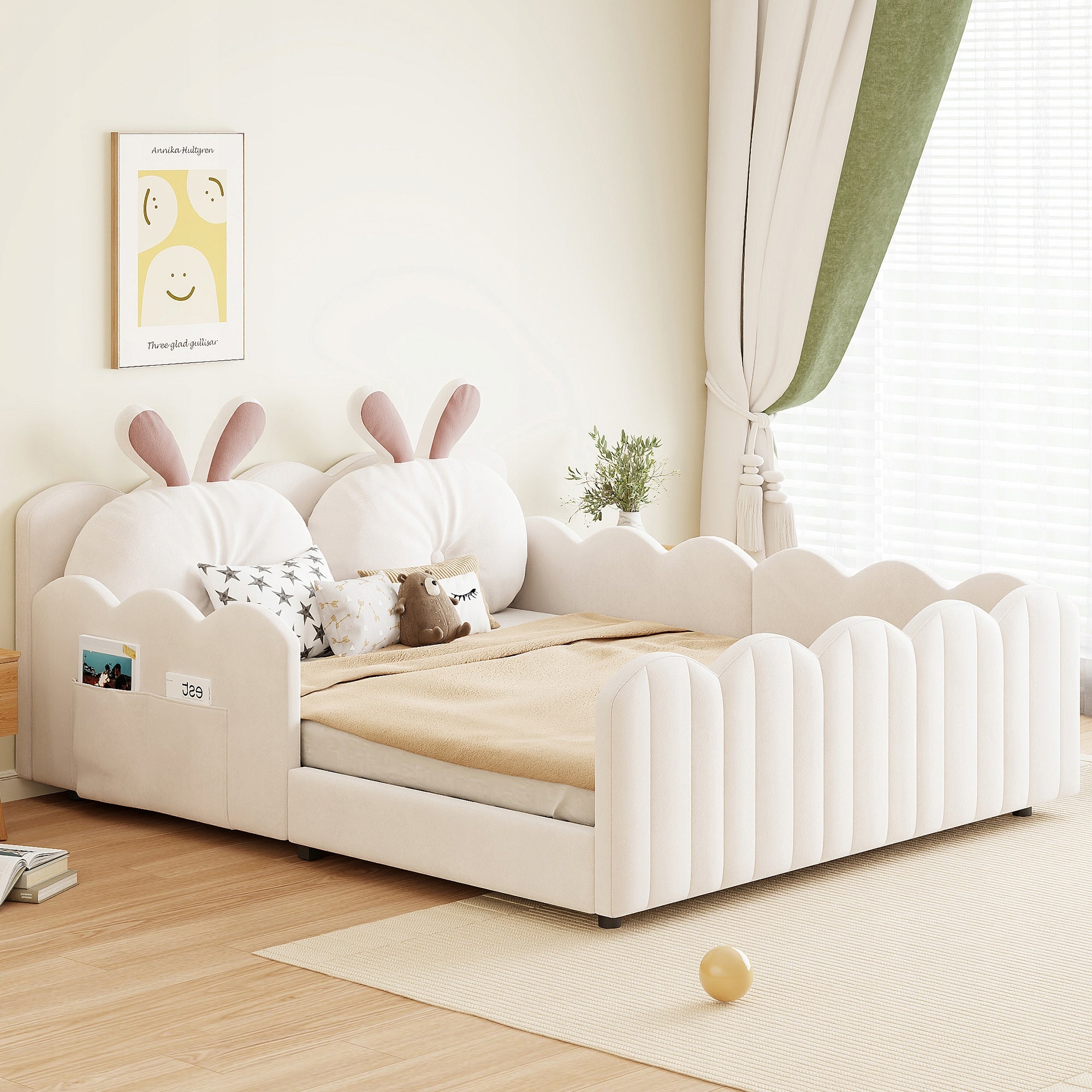Upholstered platform bed with bunny shaped pillows 140x200