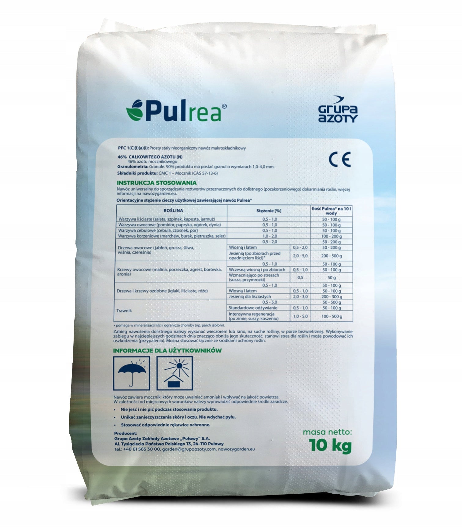 Urea grass fertilizer universal Pulrea 10 kg N 46 Grupa Azoty nitrogen Manufacturer code Pulrea 10kg N 46 bez inhibitora n. ogrodowy