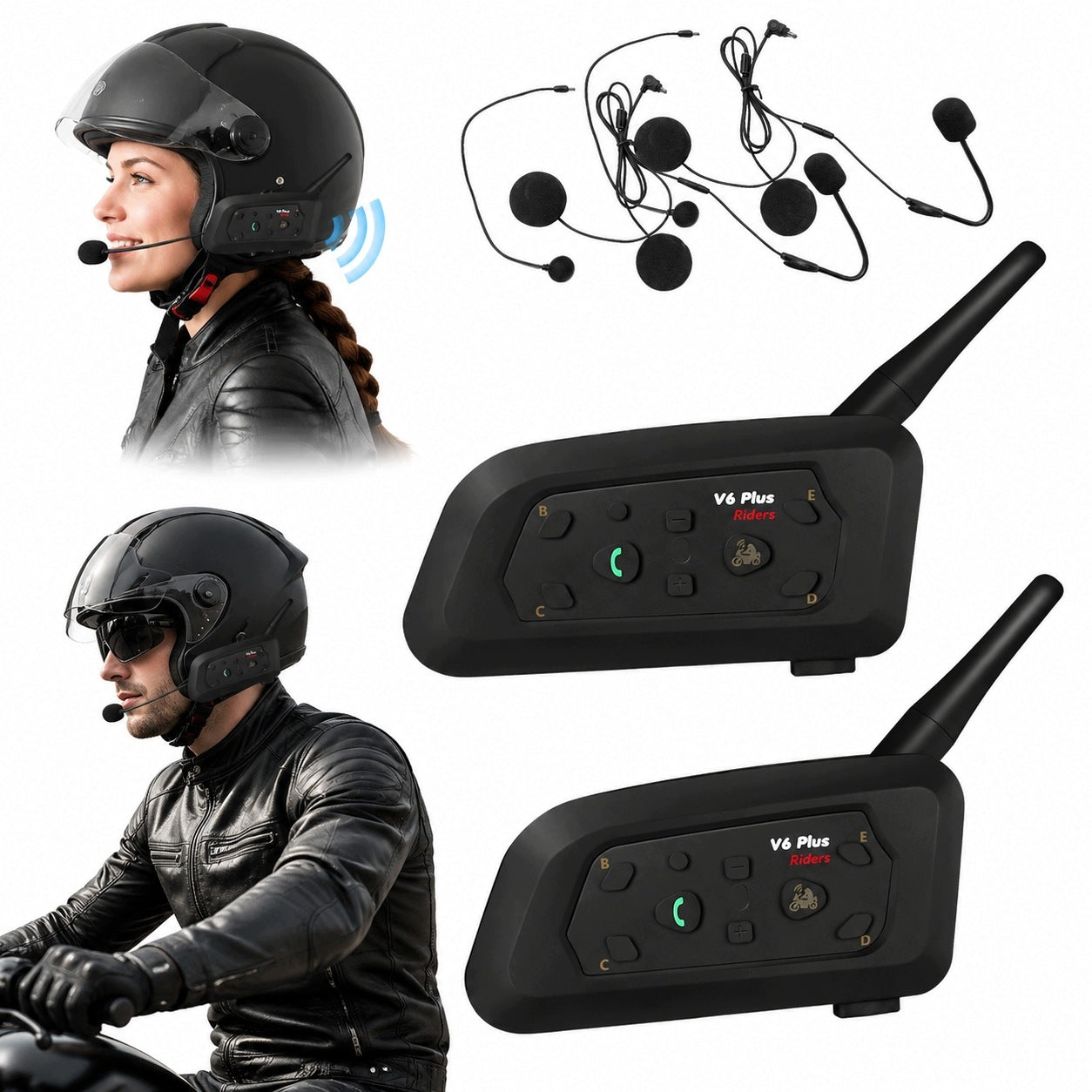 V6 Plus Bluetooth Motorcycle Intercom 5.1 2pcs, 6 Rider Connectivity
