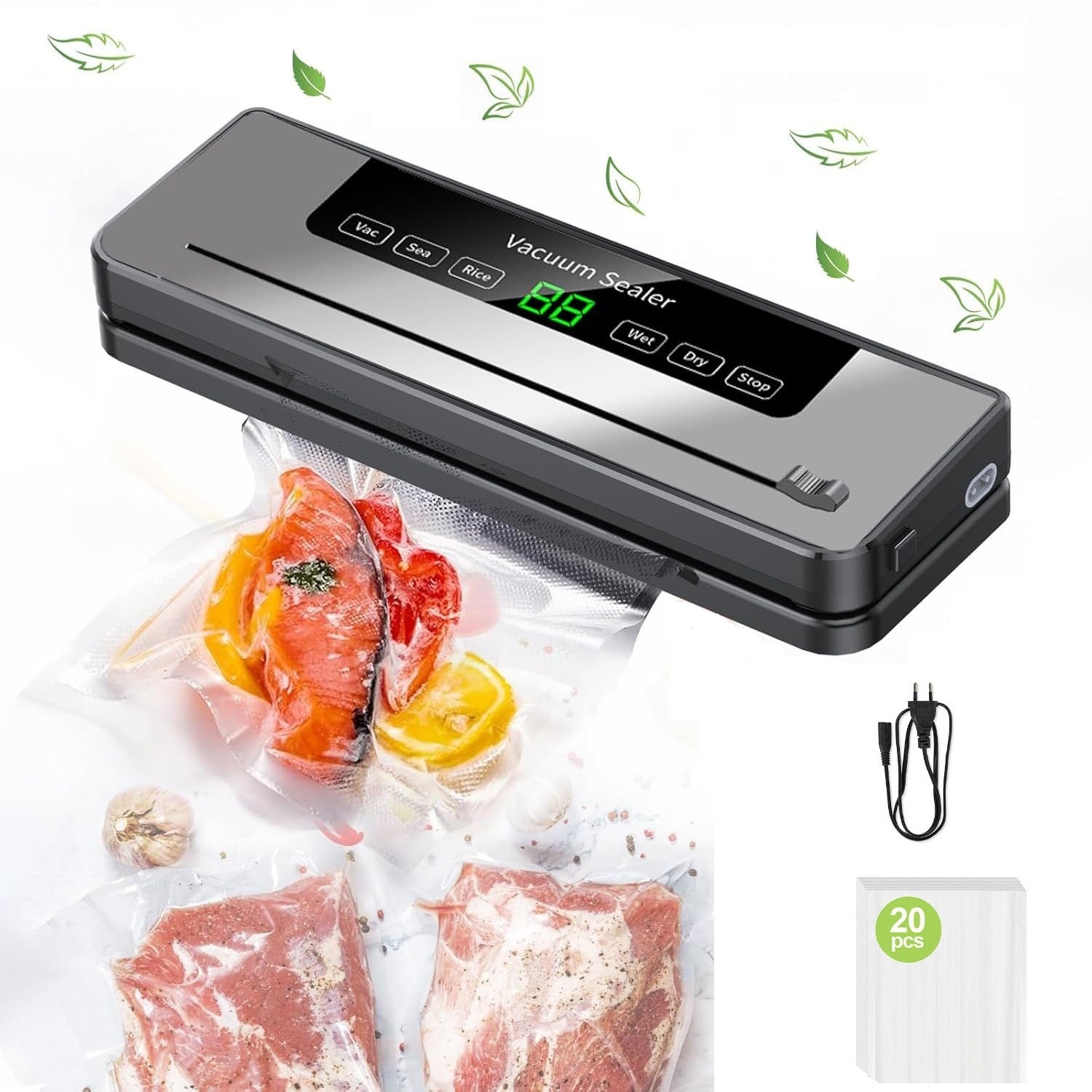 VACUUM FOOD PACKAGING MACHINE WITH CUTTING KNIFE AND WELDING MACHINE + FOIL BAGS