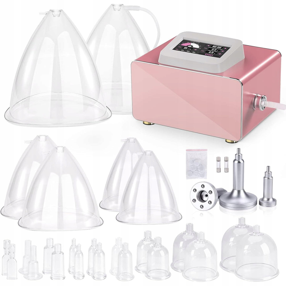 VACUUM MASSAGER ANTI-CELLULITE SET OF 24 CUPS 3 GUA SHA 60cmHg PINK
