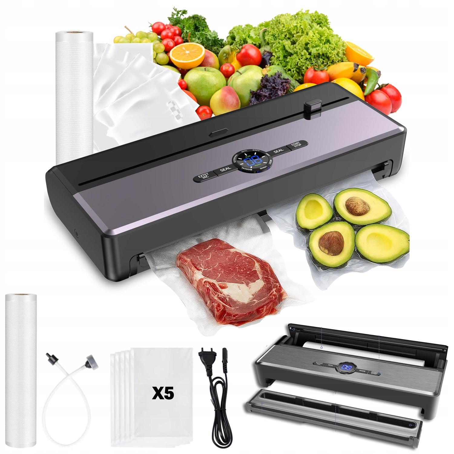 VACUUM SEALER FOOD PACKAGING MACHINE AUTOMATIC+BAGS & FILM 7in1