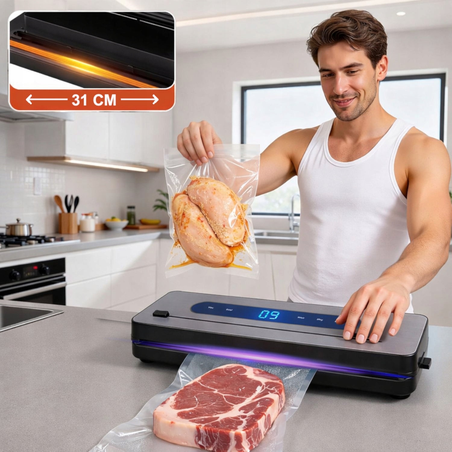 VACUUM SEALER Food PACKAGING MACHINE UV Disinfection KNIFE + 50 BAGS Packaging status original