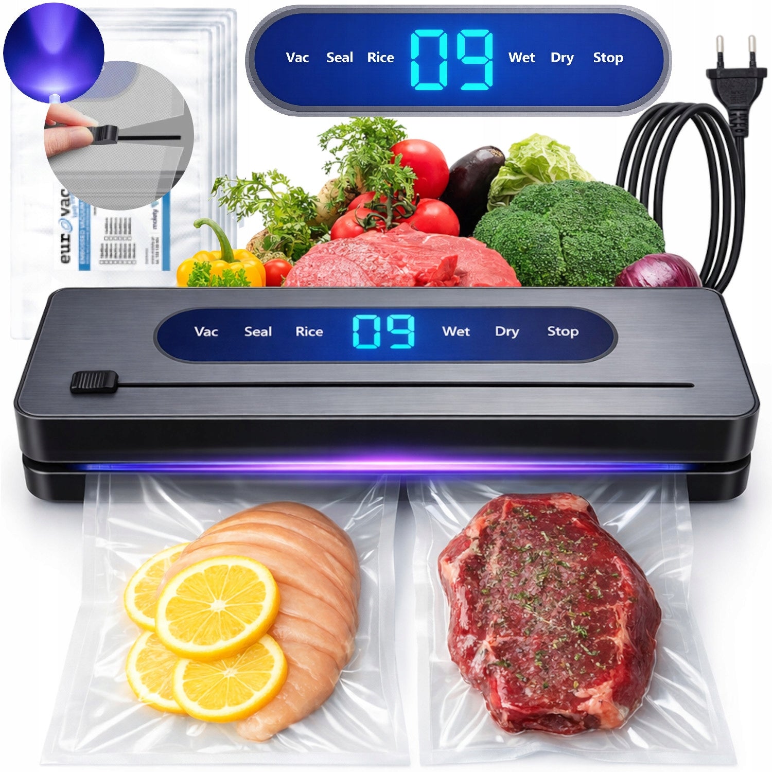 VACUUM SEALER Food PACKAGING MACHINE UV Disinfection KNIFE + 50 BAGS