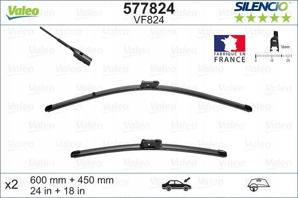 Valeo Silencio VF824 600/450 mm Scheibenwischer-Kit. ALFA ROMEO, SKODA, VW 