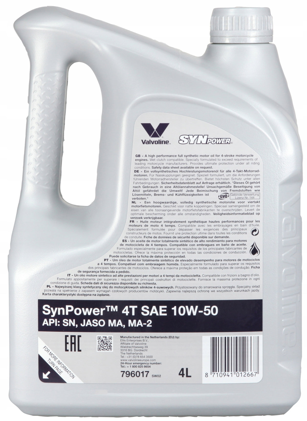 VALVOLINE SYNPOWER 4T 10W50 MOTORCYCLE OIL - 4L Packaging volume 208 l