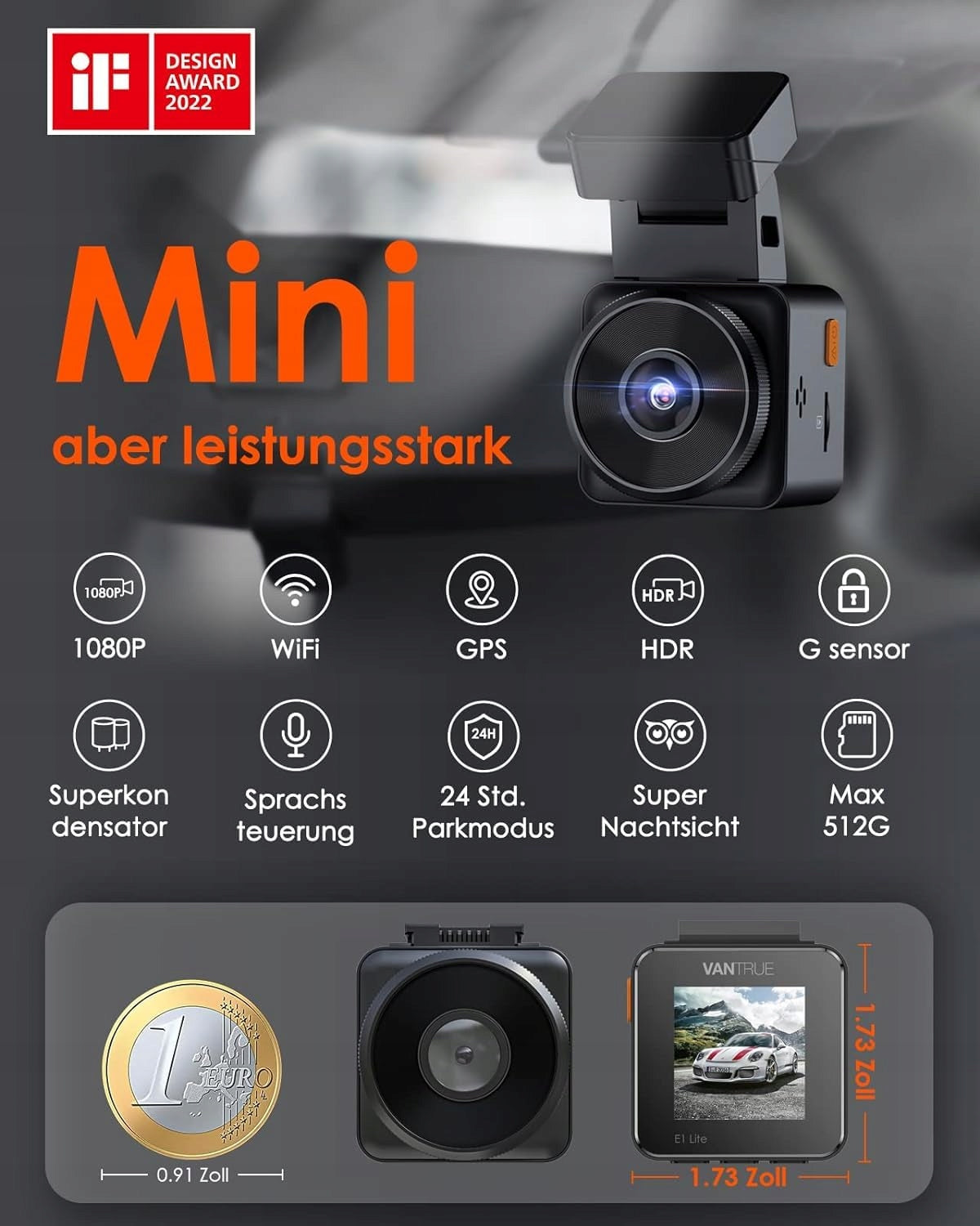 VANTRUE E1 Lite Mini Car Camera WiFi 1080P HDR GPS Night Vision Packaging status original