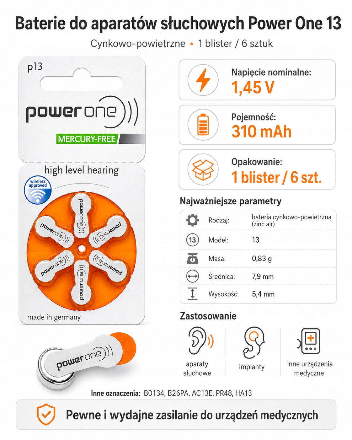 VARTA Power One Hearing Aid Batteries 13 PR48 Set of 60 Medical device yes
