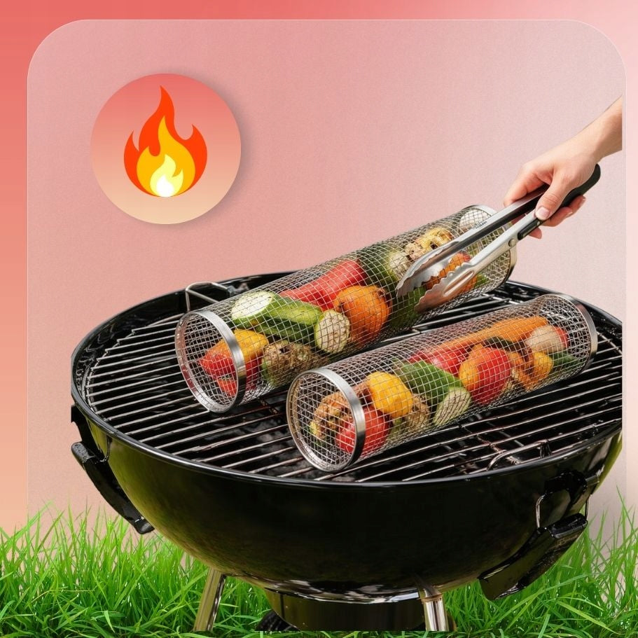 VEGETABLE GRILLING BASKET ROTATING GRILL CAGE STAINLESS STEEL 9x20cm Packaging status original
