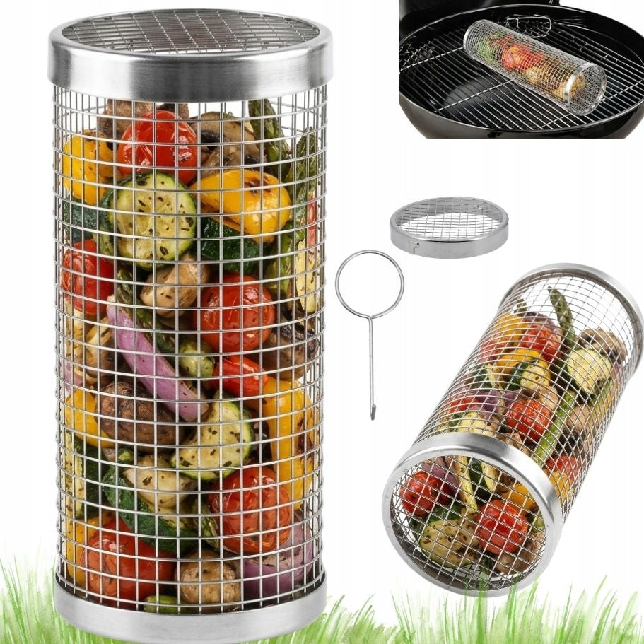 VEGETABLE GRILLING BASKET ROTATING GRILL CAGE STAINLESS STEEL 9x20cm