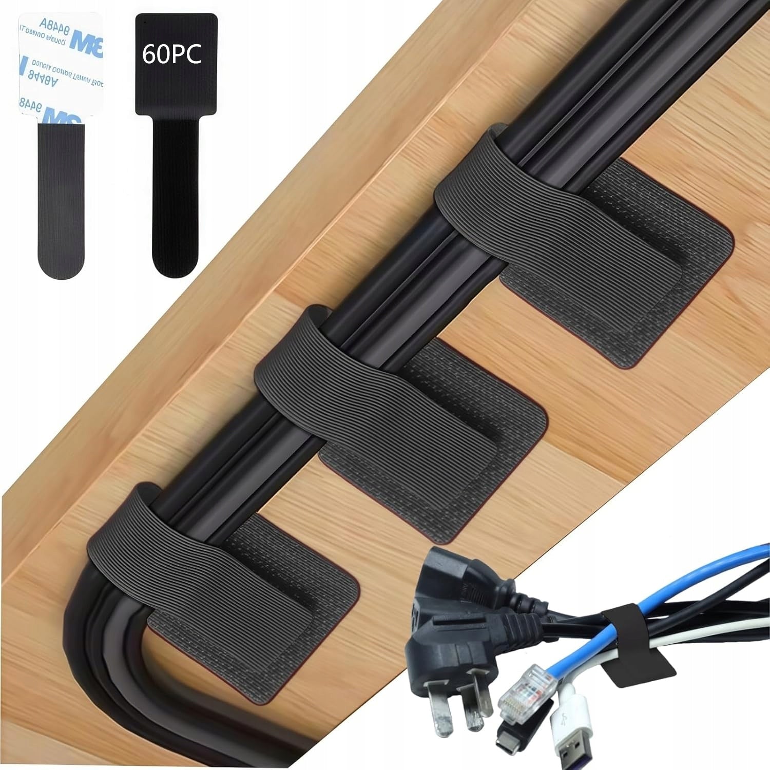 VELCRO BAND ORGANIZER FOR FIXING WIRES SELF-ADHESIVE 60 PIECES