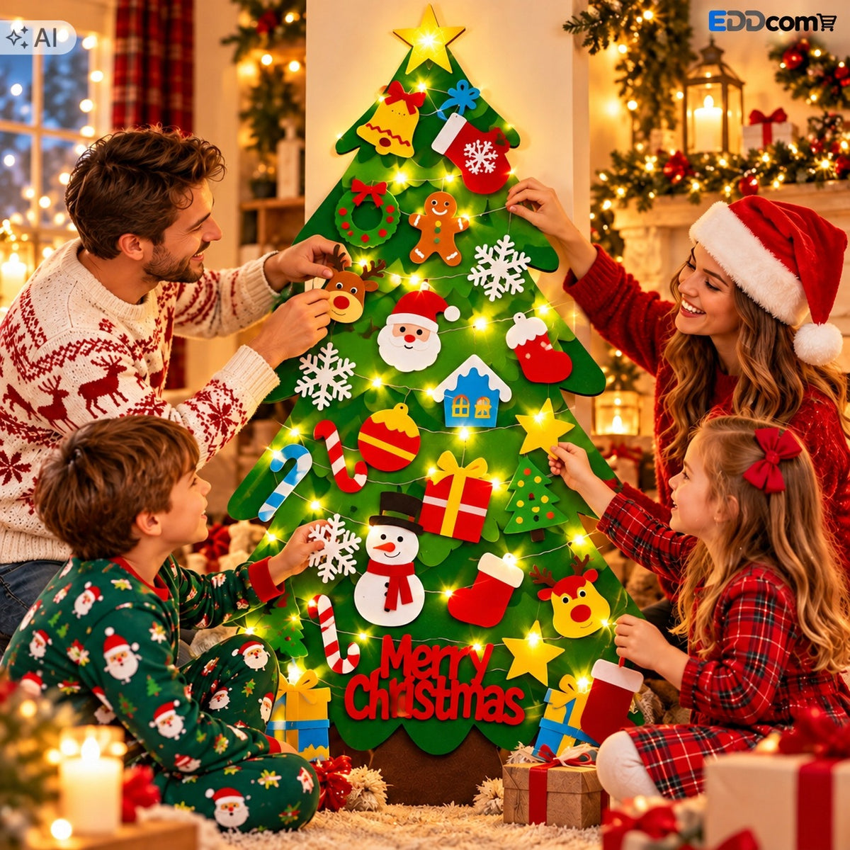 VELCRO FELT CHRISTMAS TREE WITH ORNAMENTS FOR CHILDREN LIGHTS 50 LED ON THE WALL Packaging status original