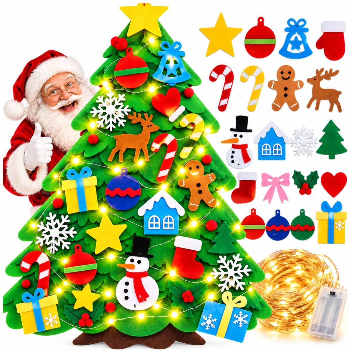 VELCRO FELT CHRISTMAS TREE WITH ORNAMENTS FOR CHILDREN LIGHTS 50 LED ON THE WALL