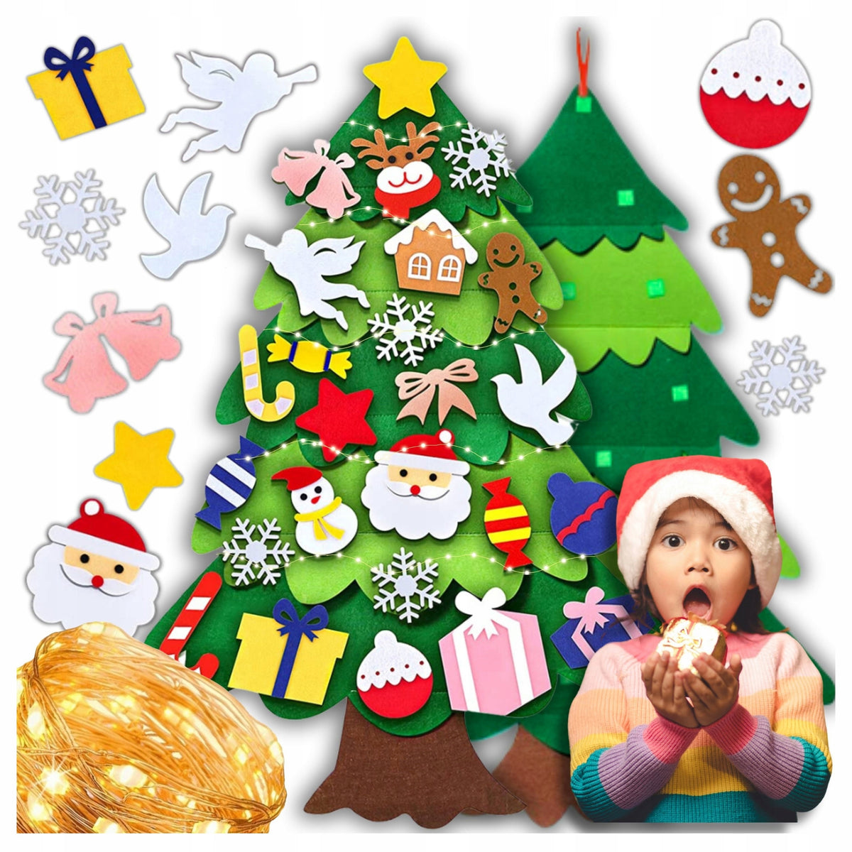 VELCRO FELT CHRISTMAS TREE WITH ORNAMENTS FOR CHILDREN LIGHTS 50 LED ON THE WALL