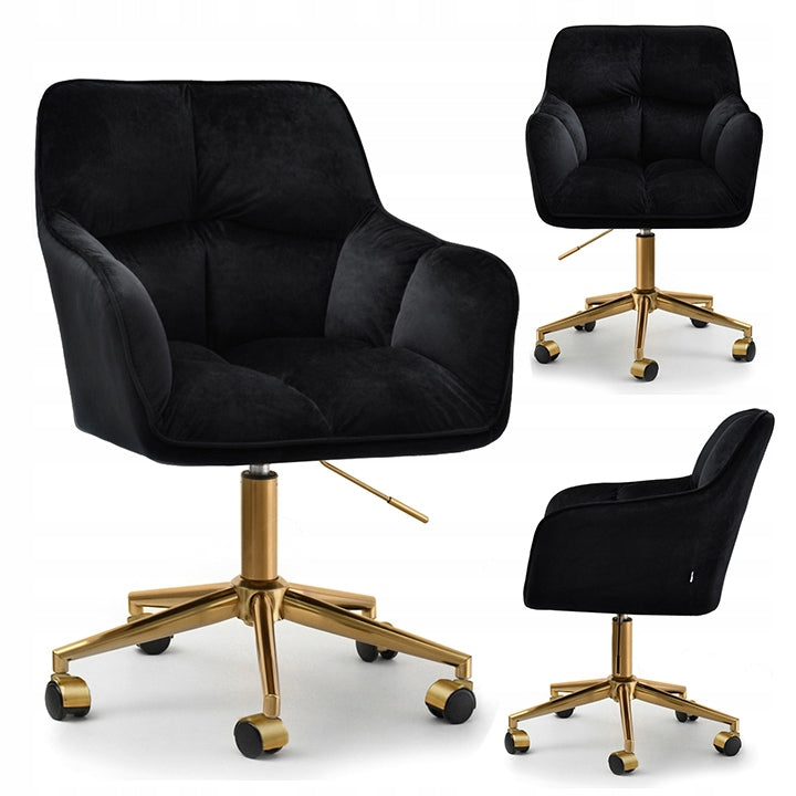 VELOUR BLACK SWIVEL CHAIR WITH ARMRESTS ISLA GOLD BASE