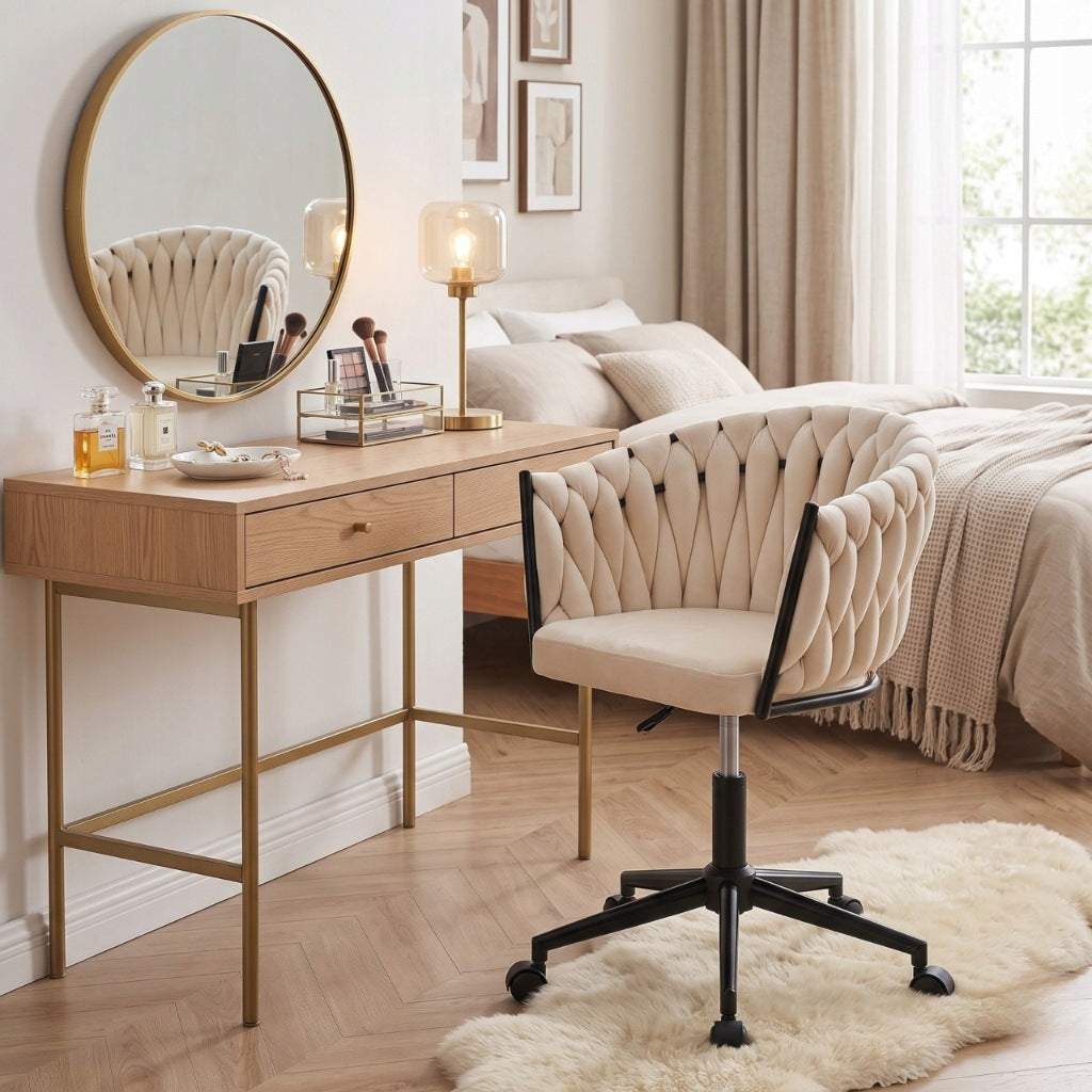 VELOUR OFFICE SWIVEL CHAIR FOR DESK DRESSING TABLE BEIGE ADJUSTABLE Brand Szchara