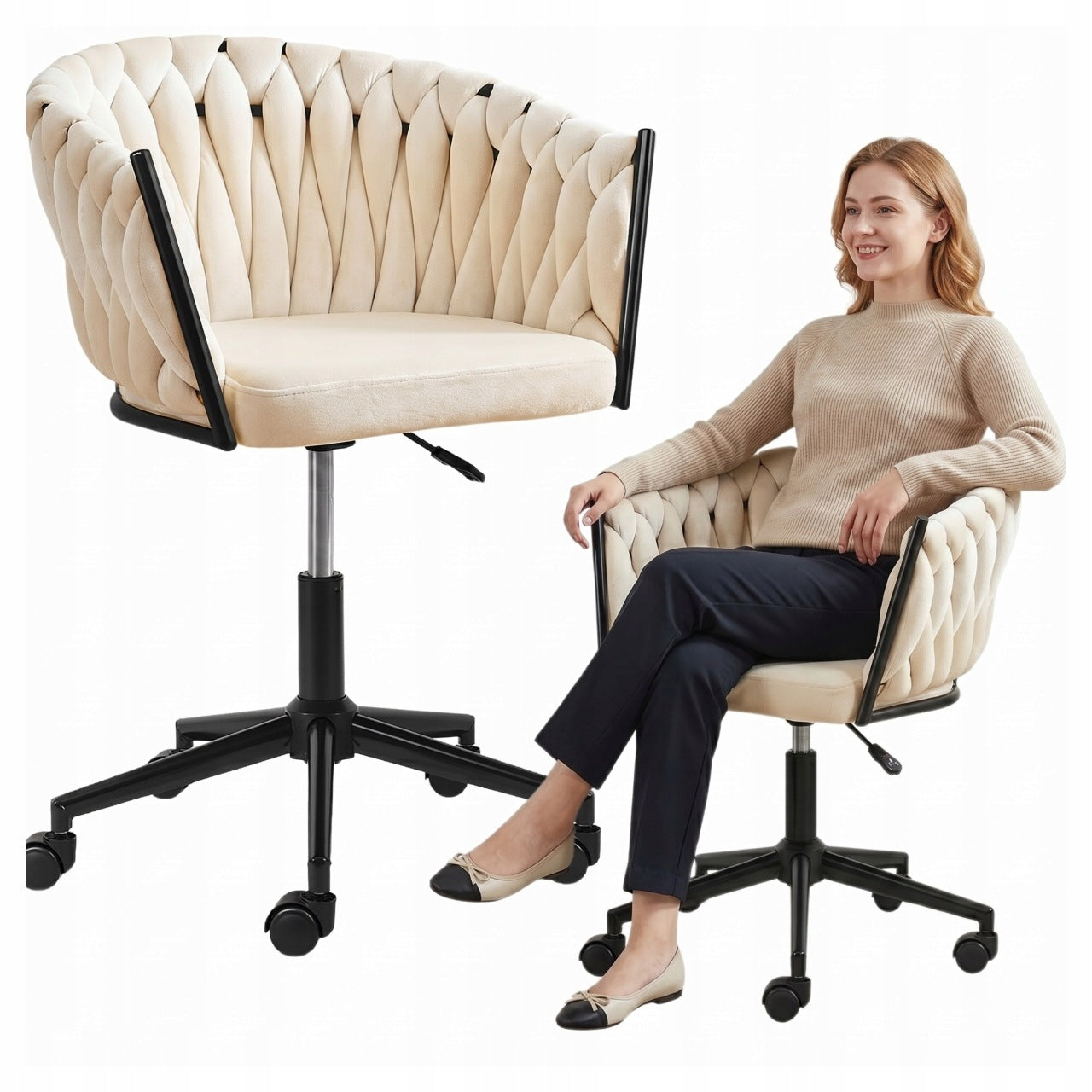 VELOUR OFFICE SWIVEL CHAIR FOR DESK DRESSING TABLE BEIGE ADJUSTABLE