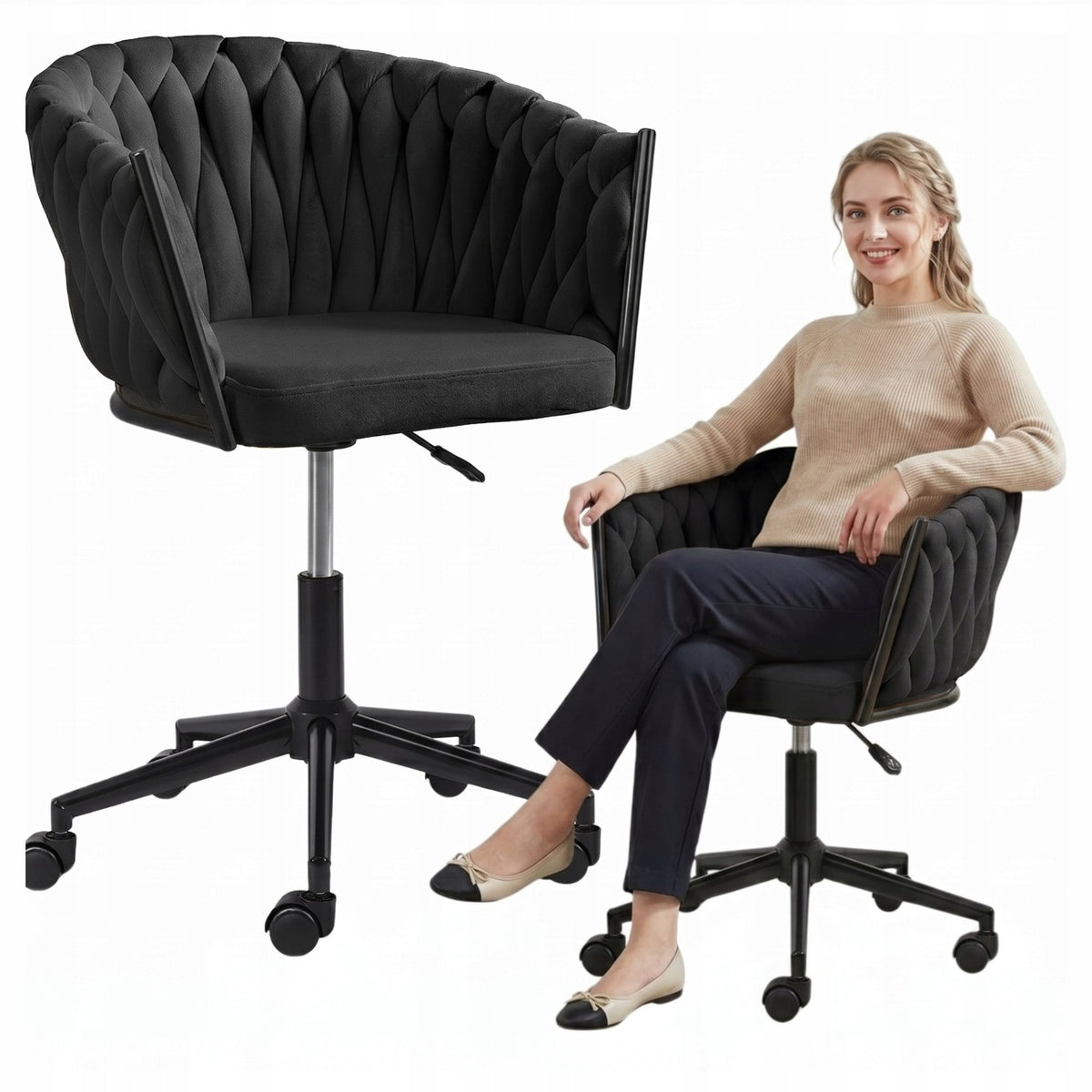 VELOUR OFFICE SWIVEL CHAIR FOR DESK DRESSING TABLE BLACK ADJUSTABLE