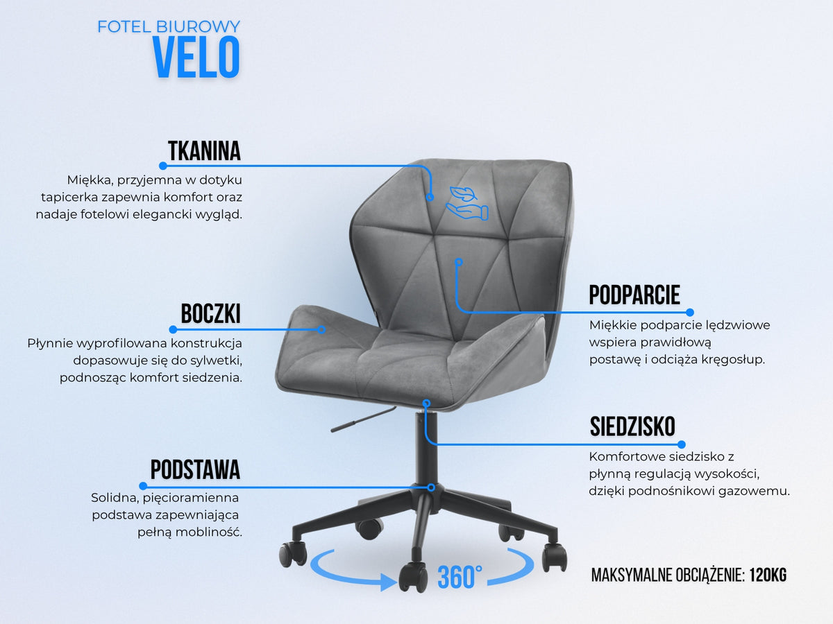 VELVET GREY SWIVEL CHAIR FOR OFFICE HEIGHT ADJUSTMENT VELO MOVE BLACK Packaging status original