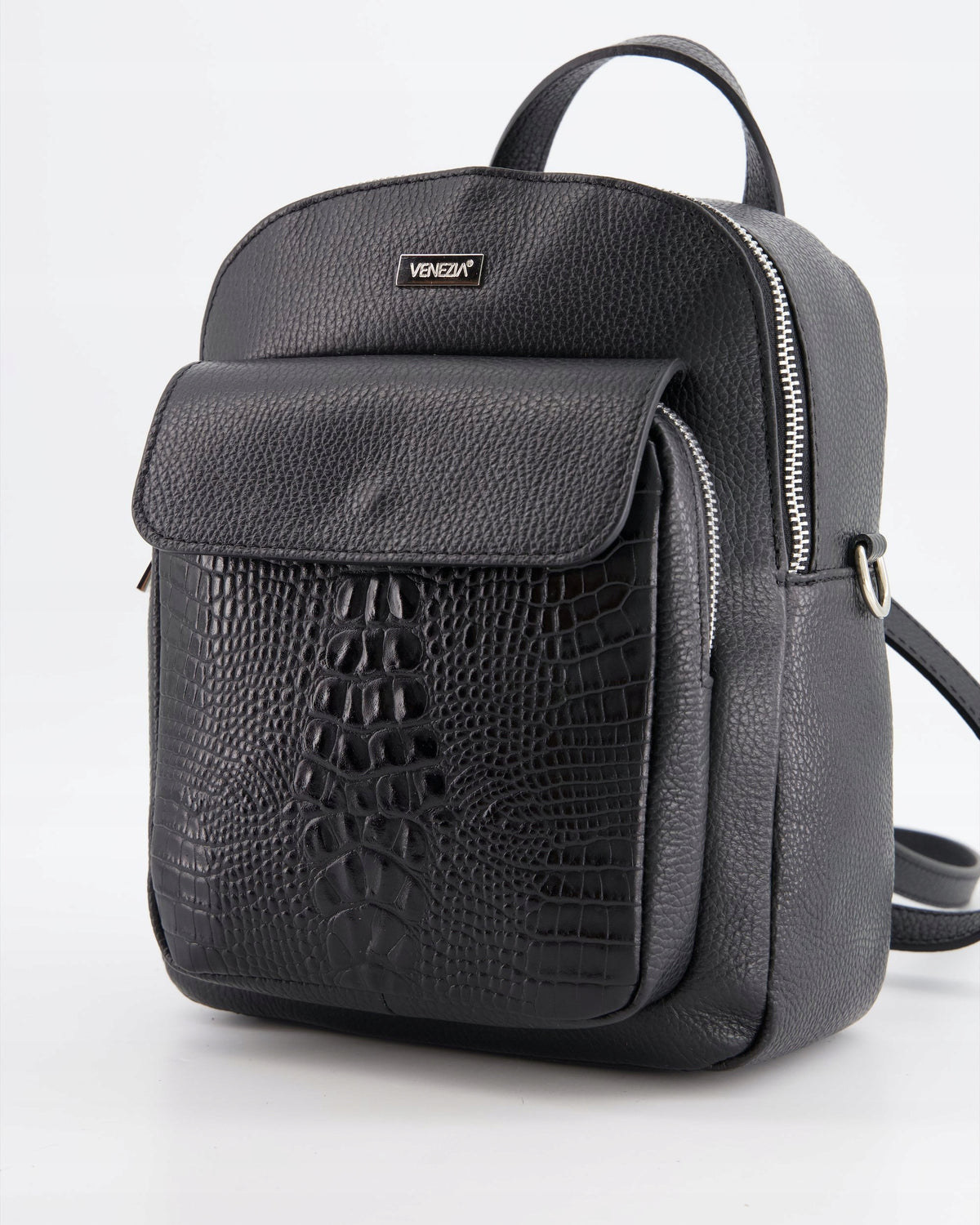 VENEZIA WOMEN'S LEATHER BLACK BACKPACK WITH SILVER DETAILS Brand VENEZIA