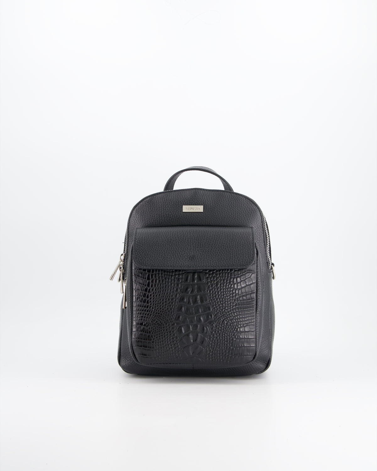 VENEZIA WOMEN'S LEATHER BLACK BACKPACK WITH SILVER DETAILS