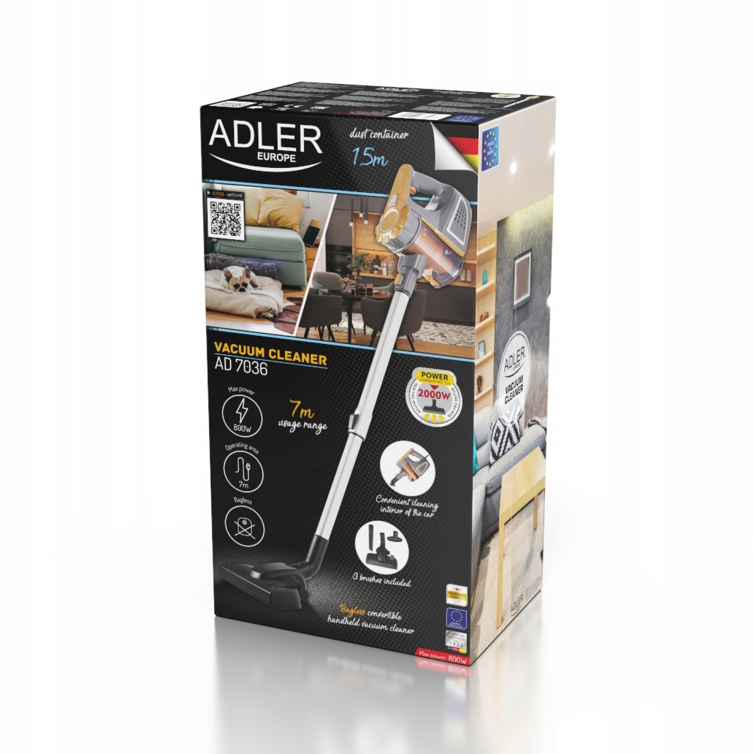 VERTICAL HANDHELD BAGLESS VACUUM CLEANER 2in1 800W STRONG 1,5L LIGHTWEIGHT ADLER Dust container volume 1.5 l