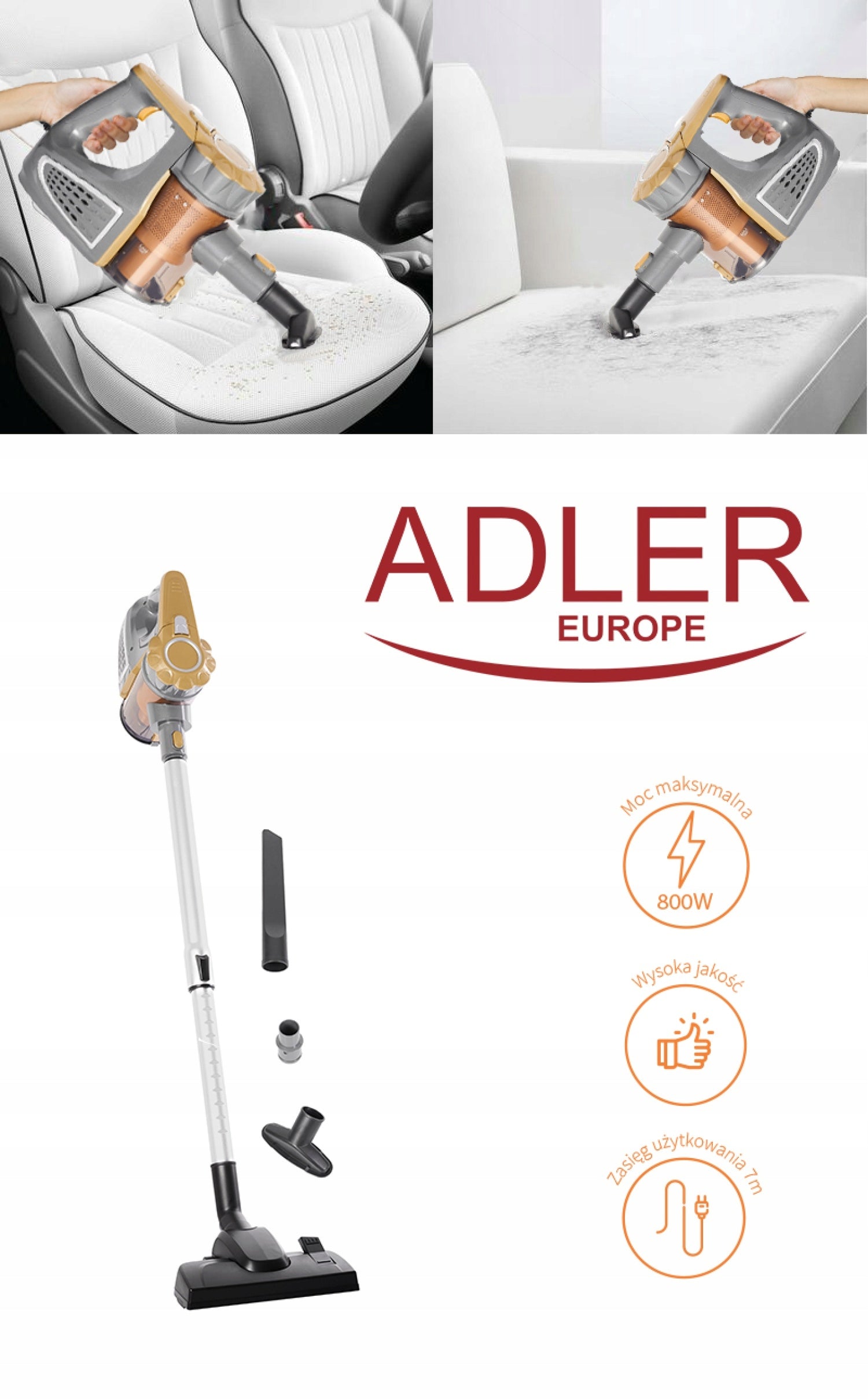 VERTICAL HANDHELD BAGLESS VACUUM CLEANER 2in1 800W STRONG 1,5L LIGHTWEIGHT ADLER Model AD 7036