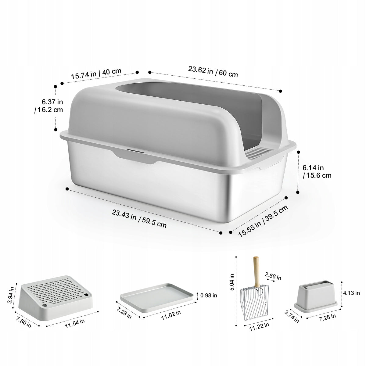 VEVOR Cat Cuvette with Spatula 60L Light Grey Stainless Steel Manufacturer code BKFSMSPBXGS